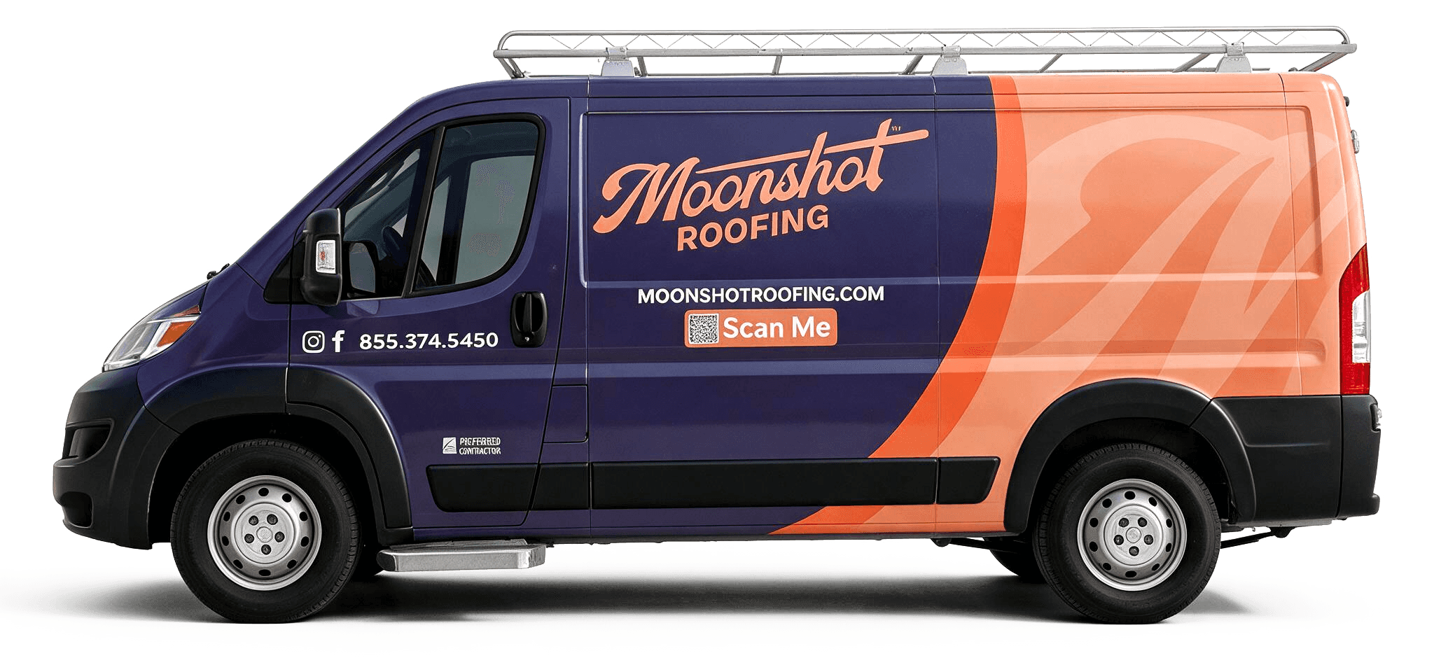 The navy-and-orange Moonshot Roofing branded work van, side profile